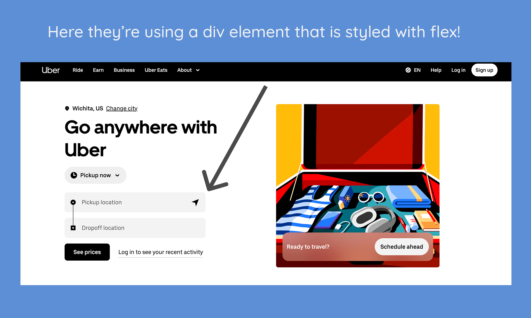 Screenshot of uber's website with an arrow pointing at a div element styled with flex